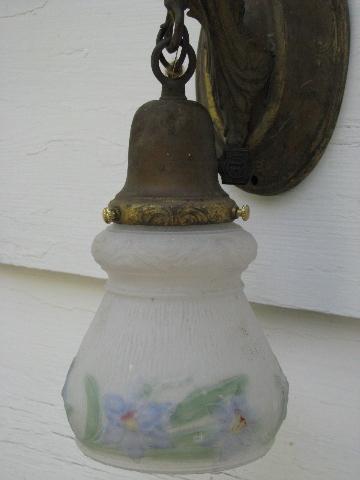 photo of antique pressed brass ornate wall sconce pendant light, old floral glass shade #3