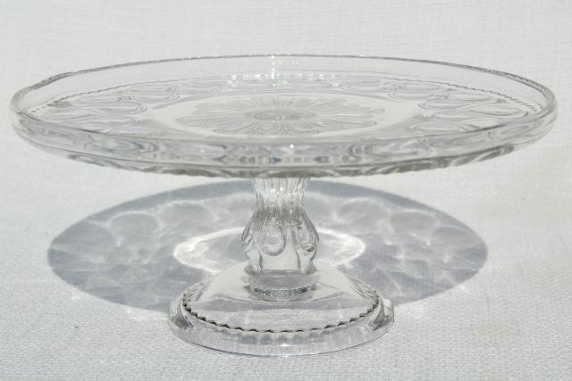 photo of antique pressed glass cake stand pedestal plate, 1890s vintage EAPG ribbon candy pattern #5