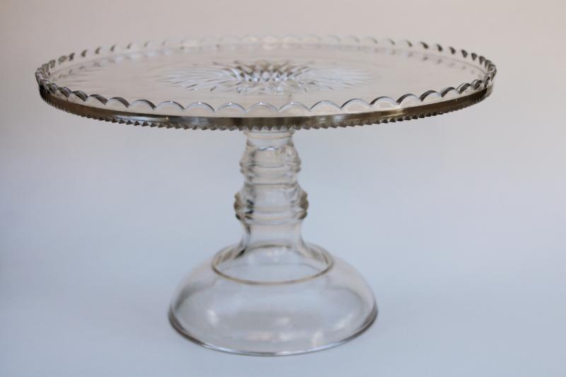 photo of antique pressed glass cake stand, scalloped edge salver, bakery display pedestal plate #2