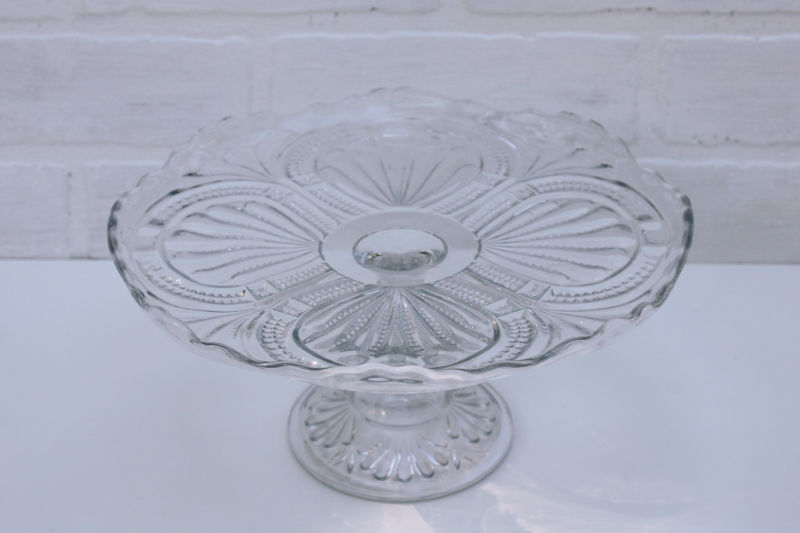 photo of antique pressed glass cake stand, shell or palms pattern EAPG vintage pedestal plate #1
