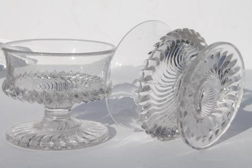 photo of antique pressed glass dessert dishes, jersey swirl pattern footed sherbet glasses #6