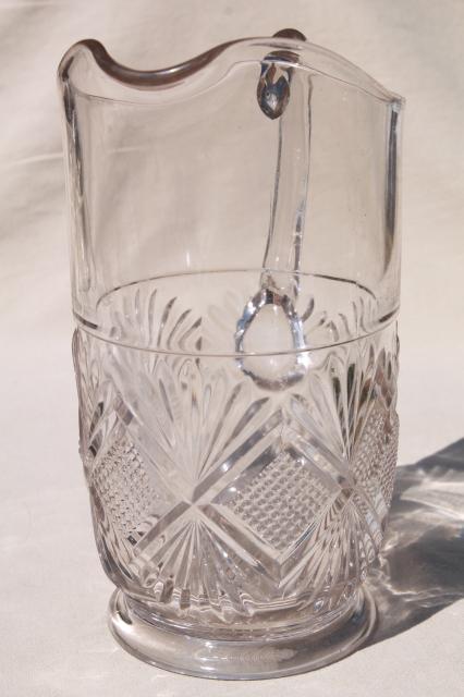 photo of antique pressed glass lemonade pitcher, EAPG diamond & sunburst, waffle block & fan #5