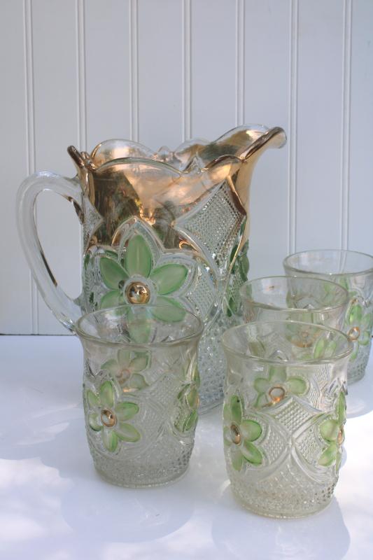 photo of antique pressed glass lemonade pitcher tumblers green stain cosmos daisy pattern US Glass #1