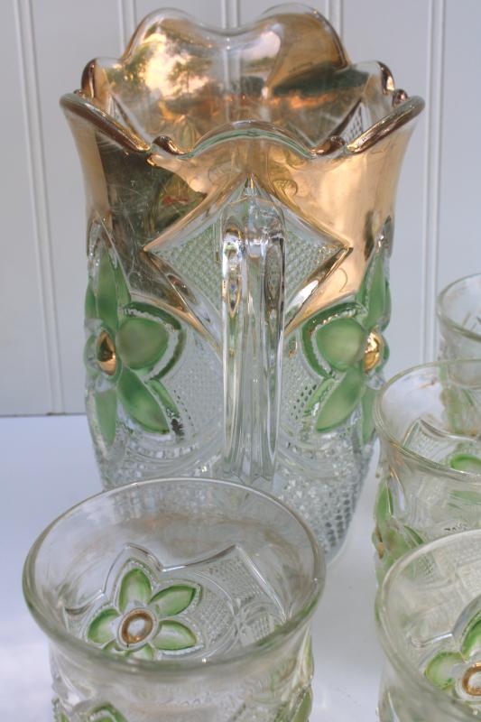 photo of antique pressed glass lemonade pitcher tumblers green stain cosmos daisy pattern US Glass #3