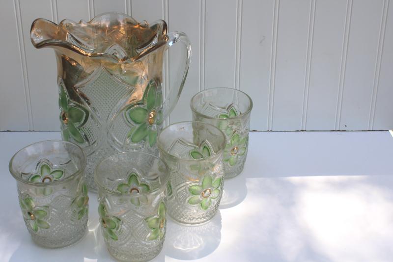 photo of antique pressed glass lemonade pitcher tumblers green stain cosmos daisy pattern US Glass #4