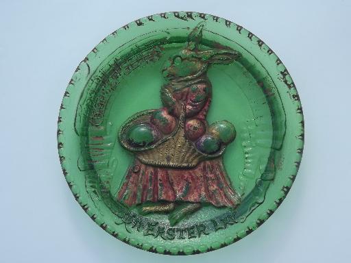 photo of antique pressed glass plate w/ original paint, Easter bunny w/ egg basket #1