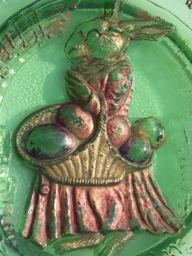 photo of antique pressed glass plate w/ original paint, Easter bunny w/ egg basket #5