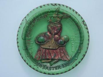 catalog photo of antique pressed glass plate w/ original paint, Easter bunny w/ egg basket