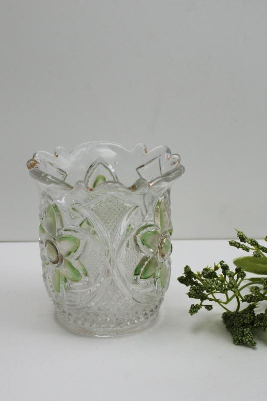 photo of antique pressed glass spooner or celery vase, green stain cosmos daisy pattern US Glass #1