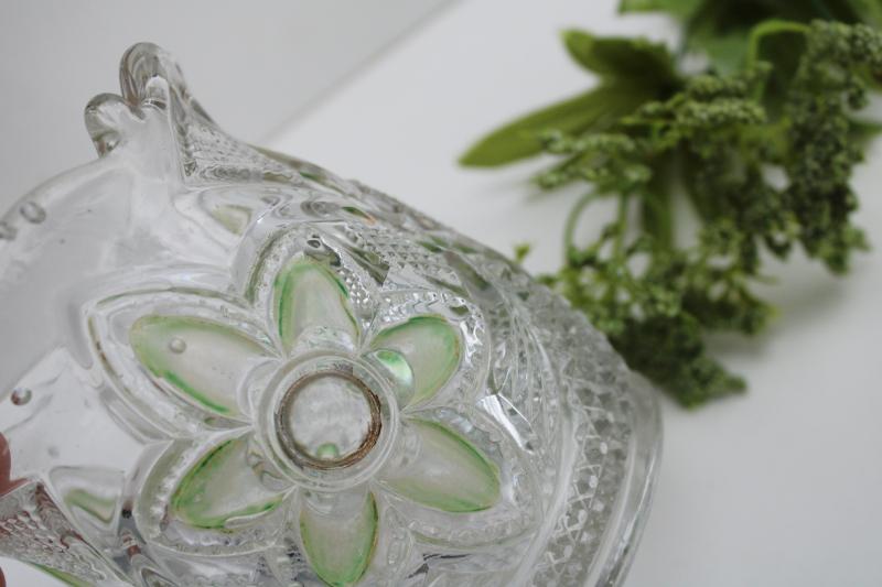 photo of antique pressed glass spooner or celery vase, green stain cosmos daisy pattern US Glass #2