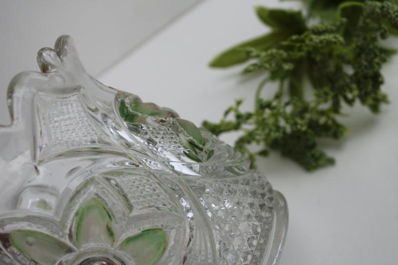 photo of antique pressed glass spooner or celery vase, green stain cosmos daisy pattern US Glass #3