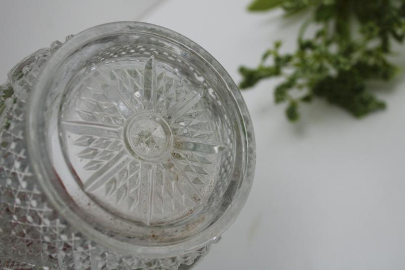 photo of antique pressed glass spooner or celery vase, green stain cosmos daisy pattern US Glass #4