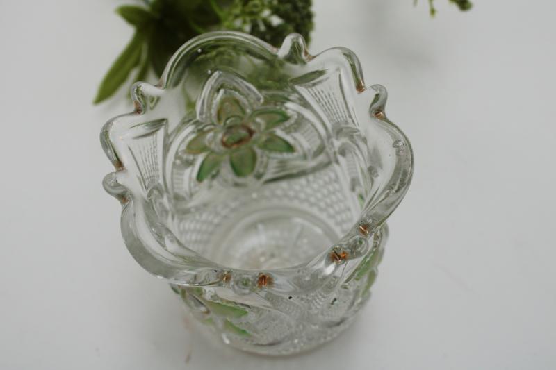 photo of antique pressed glass spooner or celery vase, green stain cosmos daisy pattern US Glass #5