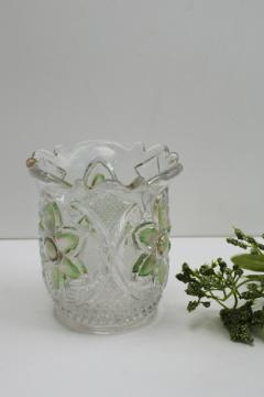 catalog photo of antique pressed glass spooner or celery vase, green stain cosmos daisy pattern US Glass