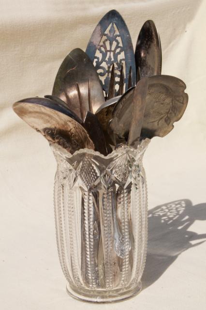 photo of antique pressed glass spooner vase full of old silver flatware, vintage silverware lot #1