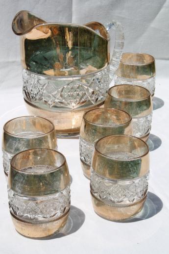 photo of antique pressed glass water pitcher & glasses set, wide gold band barrel shape tumblers #1