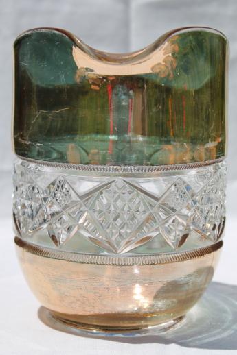 photo of antique pressed glass water pitcher & glasses set, wide gold band barrel shape tumblers #3