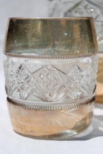 photo of antique pressed glass water pitcher & glasses set, wide gold band barrel shape tumblers #7