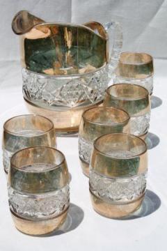 catalog photo of antique pressed glass water pitcher & glasses set, wide gold band barrel shape tumblers