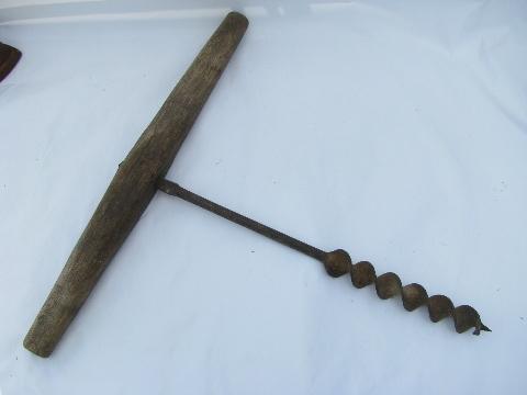 photo of antique primitive beam auger drill, farm barn building tool #1