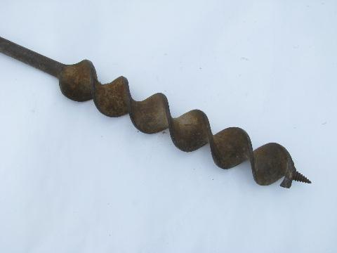 photo of antique primitive beam auger drill, farm barn building tool #2