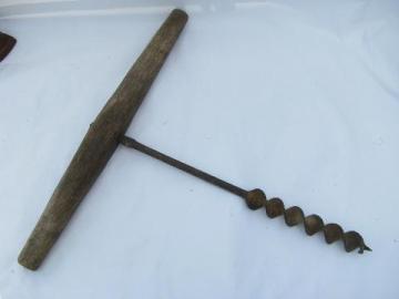 catalog photo of antique primitive beam auger drill, farm barn building tool