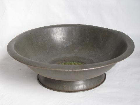 photo of antique primitive tinned steel strainer bowl, old brass sieve, 1920s vintage sifter #1