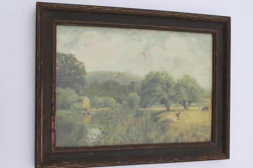 photo of antique print cows in a pasture along a river, Victorian vintage pastoral landscape scene #1