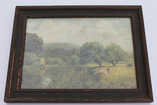 photo of antique print cows in a pasture along a river, Victorian vintage pastoral landscape scene #2