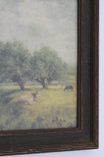 photo of antique print cows in a pasture along a river, Victorian vintage pastoral landscape scene #5