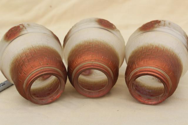 photo of antique puffy glass shades basketweave flowers pressed glass, painted copper luster #7