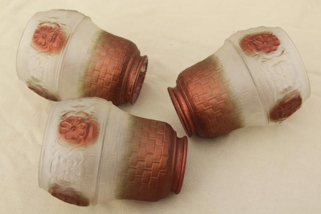 photo of antique puffy glass shades basketweave flowers pressed glass, painted copper luster #10