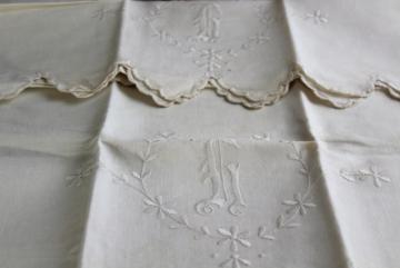 catalog photo of antique pure linen pillowcases w/ whitework embroidery, huge lovely monogram G