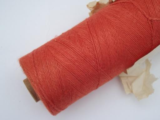 photo of antique pure linen weaving cord thread, heavy string yarn orange and cherry #6