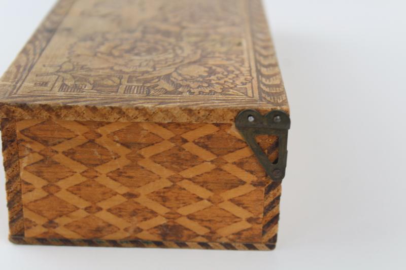 photo of antique pyrography box for gloves, early 1900s vintage wood burned design #4