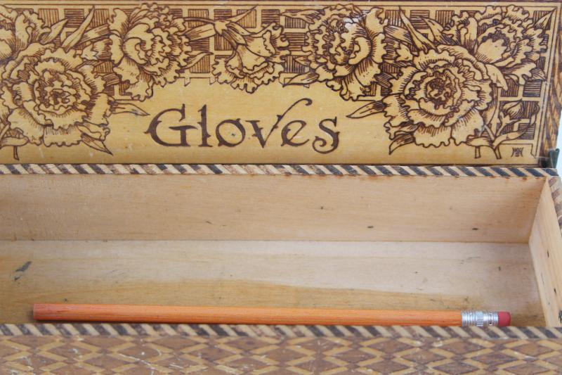 photo of antique pyrography box for gloves, early 1900s vintage wood burned design #6