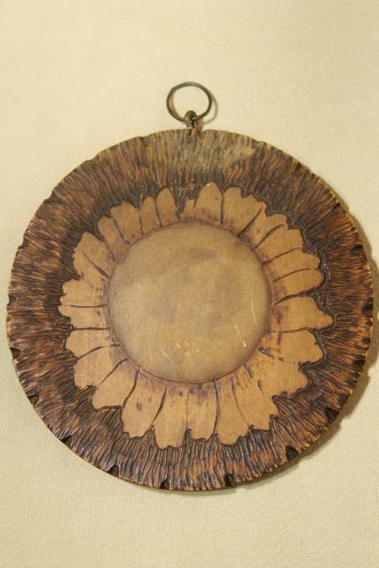 photo of antique pyrography woodburned wall art plaque, round sunflower or daisy dated 1905 #1