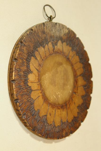 photo of antique pyrography woodburned wall art plaque, round sunflower or daisy dated 1905 #2