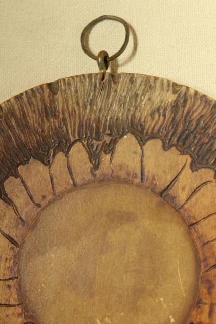 photo of antique pyrography woodburned wall art plaque, round sunflower or daisy dated 1905 #8