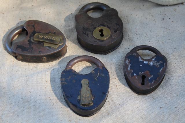 photo of antique railroad locks, iron padlocks w/ brass lock cover, primitive heart shape #1