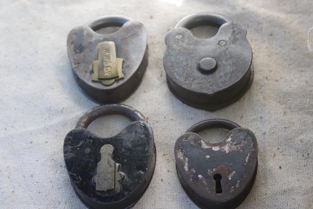 photo of antique railroad locks, iron padlocks w/ brass lock cover, primitive heart shape #3