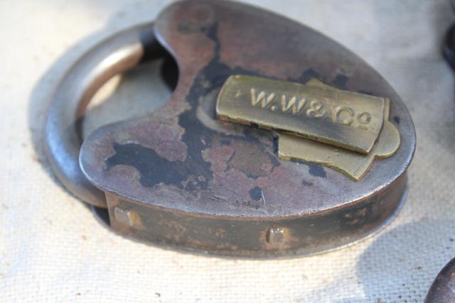 photo of antique railroad locks, iron padlocks w/ brass lock cover, primitive heart shape #5