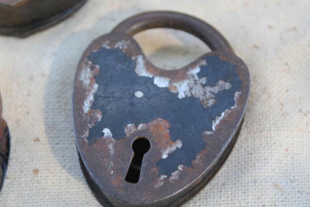 photo of antique railroad locks, iron padlocks w/ brass lock cover, primitive heart shape #7