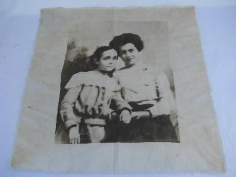 photo of antique real photo print on early 1900s vintage cotton fabric, mother / daughter #1