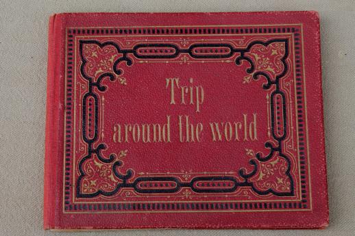 photo of antique red morocco leather bound Trip Around the World tour gilded age travel photos #1