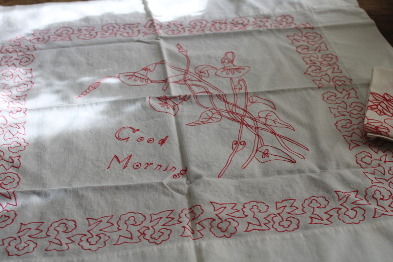 photo of antique redwork embroidery, Good Morning Good Night pillow covers early 1900s vintage #5
