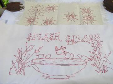 catalog photo of antique redwork embroidery lot, vintage embroidered linens, over towels