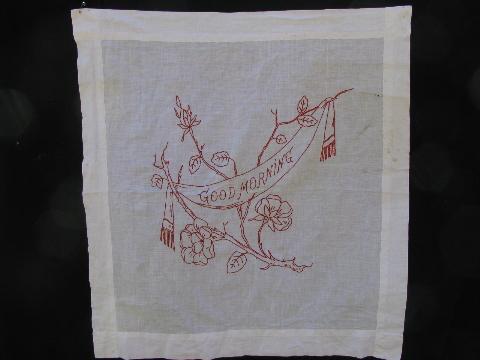 photo of antique redwork embroidery, vintage cotton pillow cover embroidered Good Morning #1