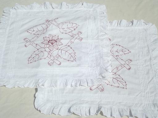 photo of antique redwork embroidery, white cotton pillow covers w/ tuck pleats #1