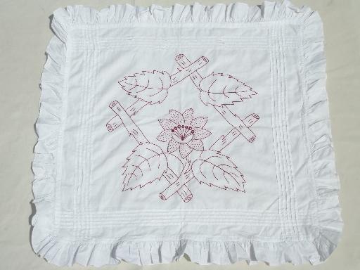 photo of antique redwork embroidery, white cotton pillow covers w/ tuck pleats #2